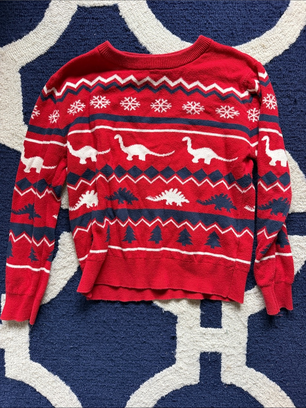 Andy & Evan Red Crewneck Sweater with White & Navy Dinosaur Motif